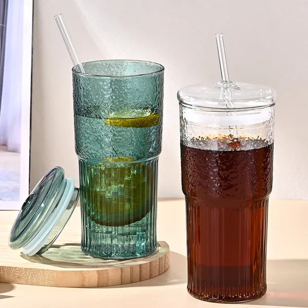 Aeelleea 20oz Glass Tumbler Set of 2, Green Vertical Striped High Borosilicate Cup with Lid & Straw for Cold Drink Juice Milk