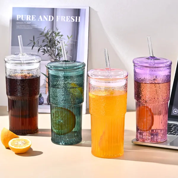 Aeelleea 20oz Glass Tumbler Set of 2, Green Vertical Striped High Borosilicate Cup with Lid & Straw for Cold Drink Juice Milk