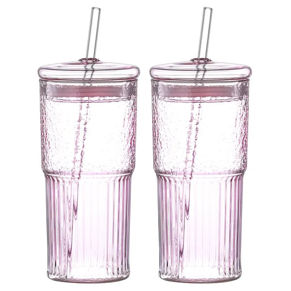 Aeelleea 20oz Glass Tumbler Set of 2, Pink Vertical Striped High Borosilicate Cup with Lid & Straw for Cold Drink Juice Milk