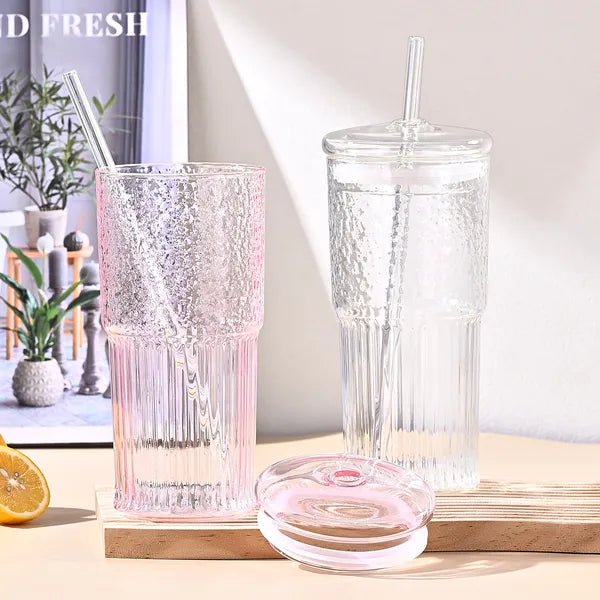 Aeelleea 20oz Glass Tumbler Set of 2, Pink Vertical Striped High Borosilicate Cup with Lid & Straw for Cold Drink Juice Milk