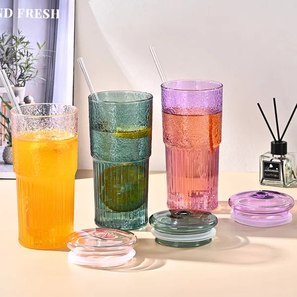 Aeelleea 20oz Glass Tumbler Set of 2, Pink Vertical Striped High Borosilicate Cup with Lid & Straw for Cold Drink Juice Milk