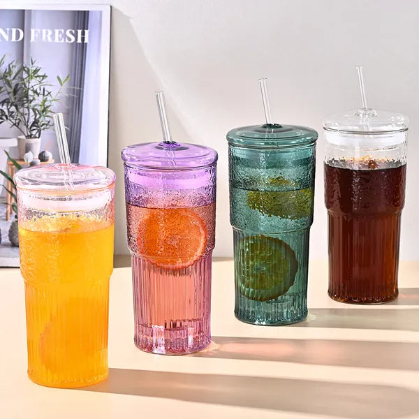 Aeelleea 20oz Glass Tumbler Set of 2, Pink Vertical Striped High Borosilicate Cup with Lid & Straw for Cold Drink Juice Milk