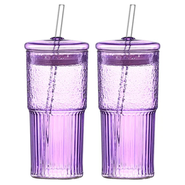 Aeelleea 20oz Glass Tumbler Set of 2, Purple Vertical Striped High Borosilicate Cup with Lid & Straw for Cold Drink Juice Milk