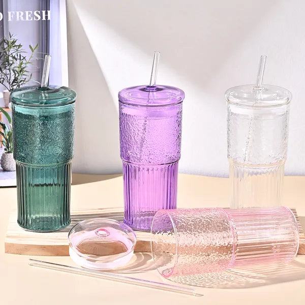 Aeelleea 20oz Glass Tumbler Set of 2, Purple Vertical Striped High Borosilicate Cup with Lid & Straw for Cold Drink Juice Milk