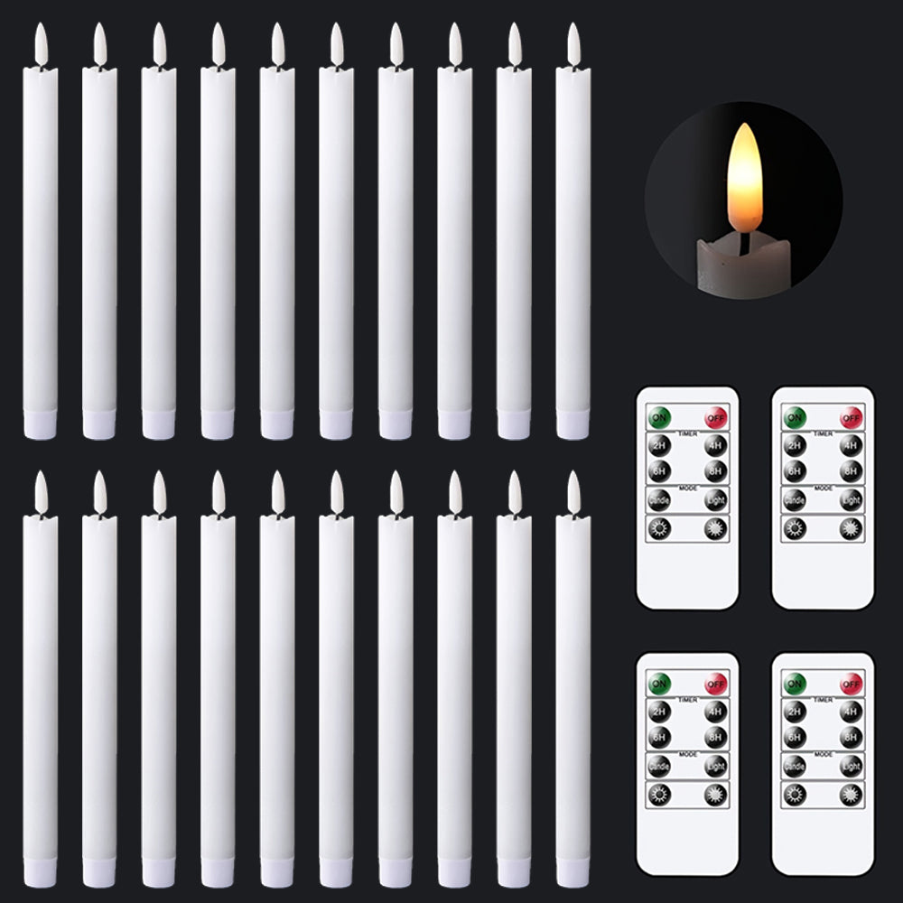 AEELLEEA 20-Pack White Taper Candles - Flameless LED Warm Light Decor for Christmas/Mantel/Dinner Part