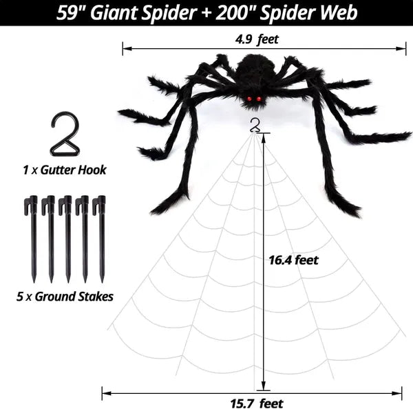 Halloween Decorations Outdoor 59 Inch Giant Spider and 200 Inch Spider Web with Ground Stakes for Yard Lawn Porch Haunted House Scary Party