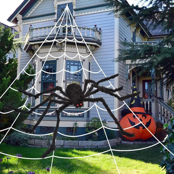 Halloween Decorations Outdoor 59 Inch Giant Spider and 200 Inch Spider Web with Ground Stakes for Yard Lawn Porch Haunted House Scary Party