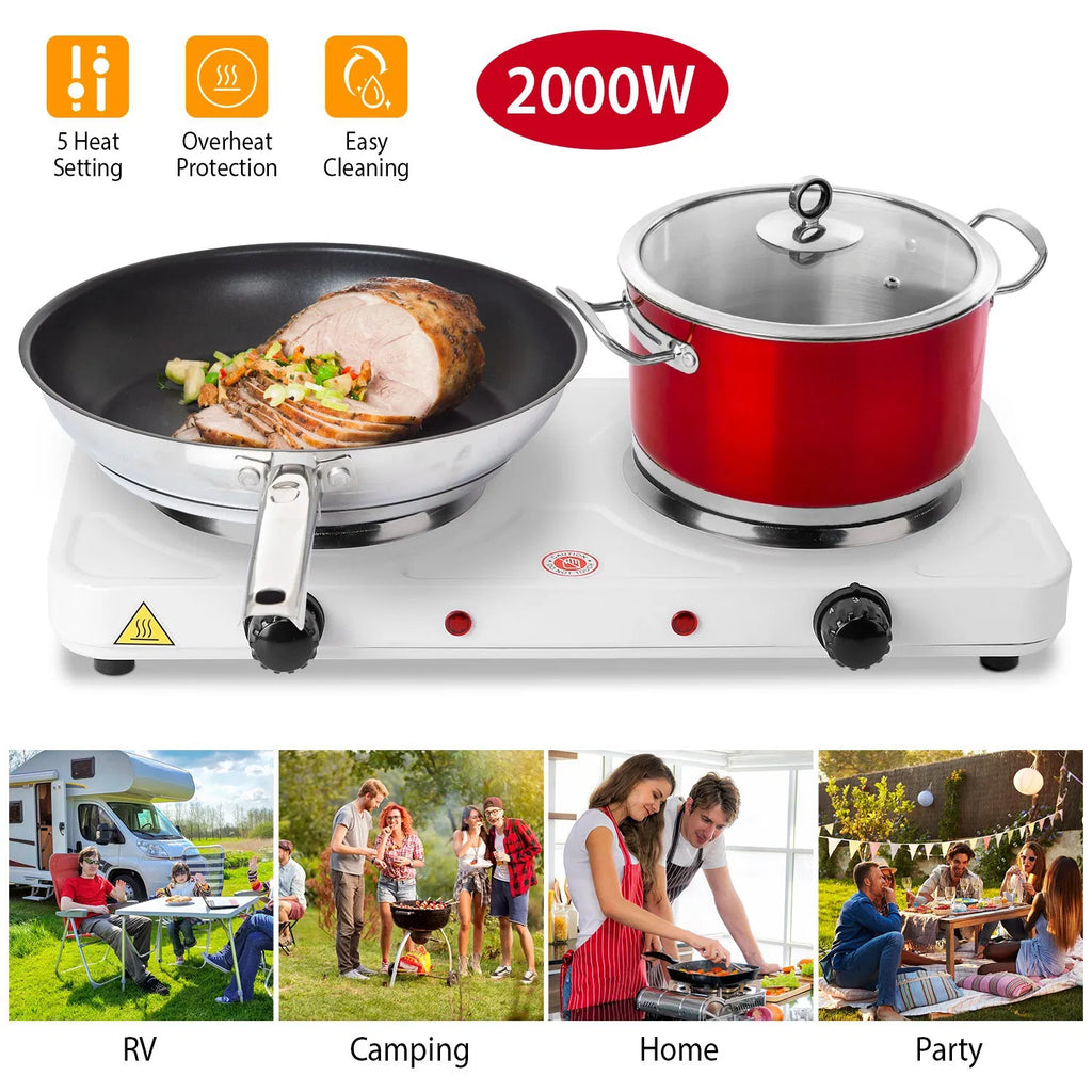 Double Electric Burner 2000W – Portable Countertop Hot Plate with 5 Heat Settings, Cast Iron Plates, for Home, Dorm, RV, Camping – White
