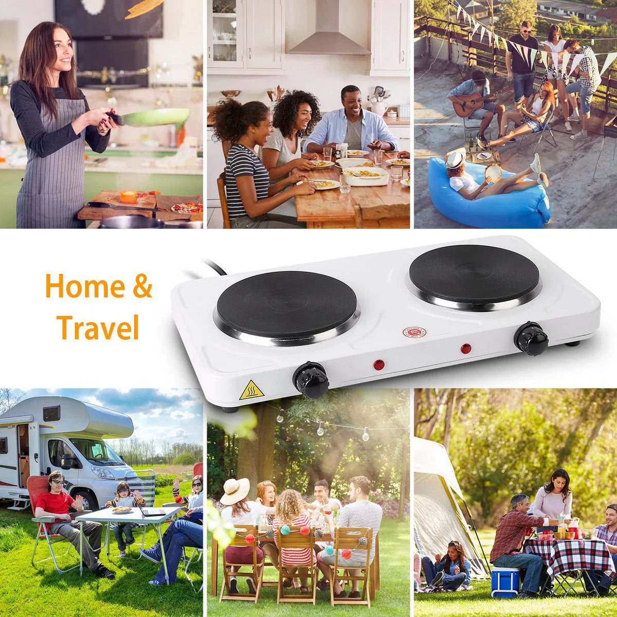 Double Electric Burner 2000W – Portable Countertop Hot Plate with 5 Heat Settings, Cast Iron Plates, for Home, Dorm, RV, Camping – White