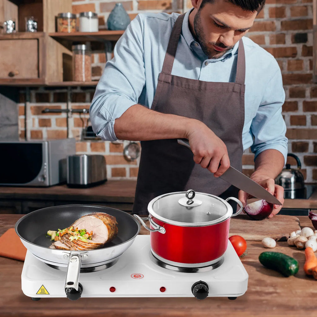 Double Electric Burner 2000W – Portable Countertop Hot Plate with 5 Heat Settings, Cast Iron Plates, for Home, Dorm, RV, Camping – White
