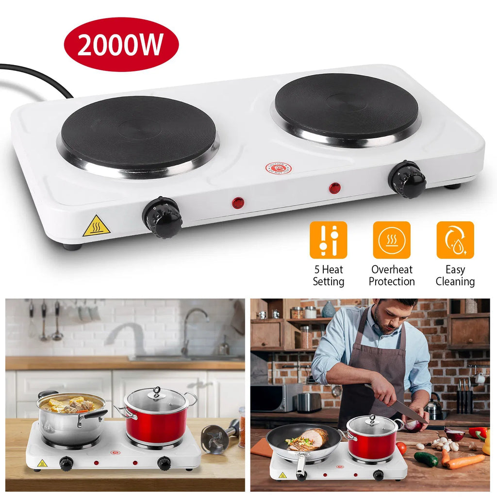 Double Electric Burner 2000W – Portable Countertop Hot Plate with 5 Heat Settings, Cast Iron Plates, for Home, Dorm, RV, Camping – White