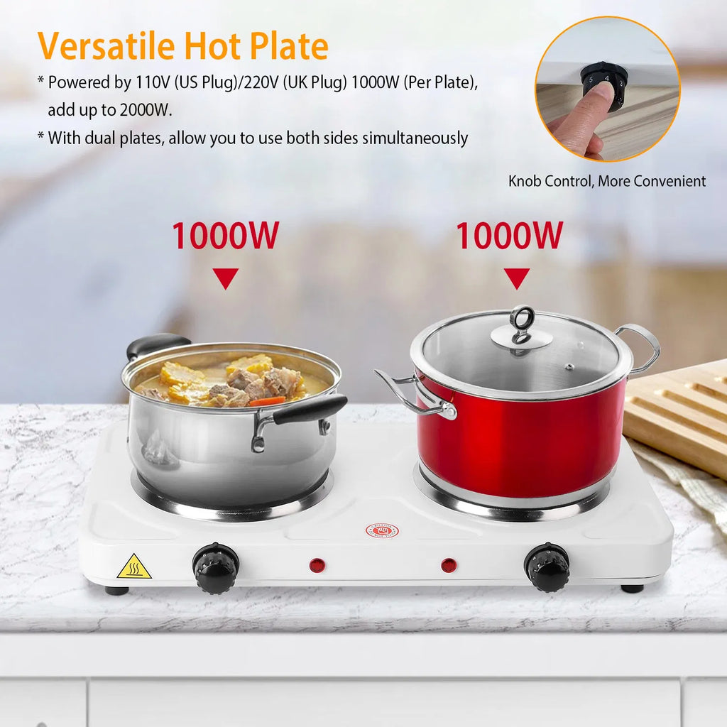 Double Electric Burner 2000W – Portable Countertop Hot Plate with 5 Heat Settings, Cast Iron Plates, for Home, Dorm, RV, Camping – White