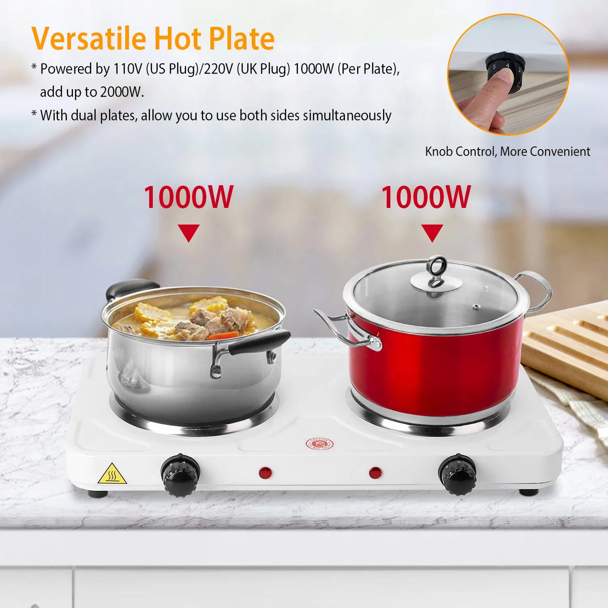 Double Electric Burner 2000W – Portable Countertop Hot Plate with 5 Heat Settings, Cast Iron Plates, for Home, Dorm, RV, Camping – White
