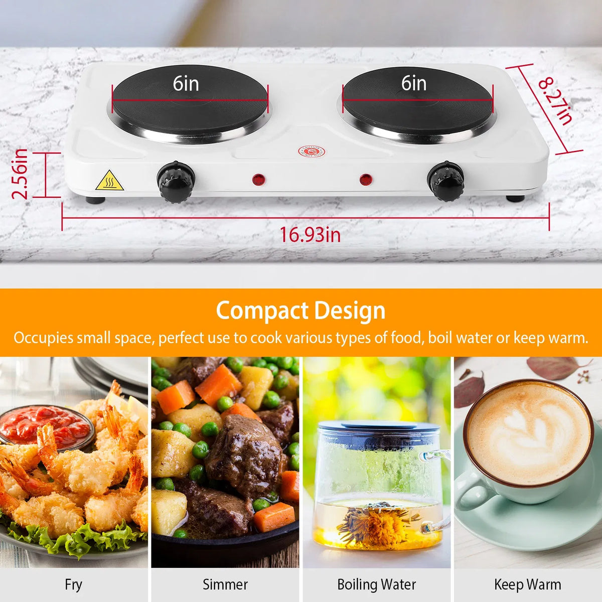 Double Electric Burner 2000W – Portable Countertop Hot Plate with 5 Heat Settings, Cast Iron Plates, for Home, Dorm, RV, Camping – White