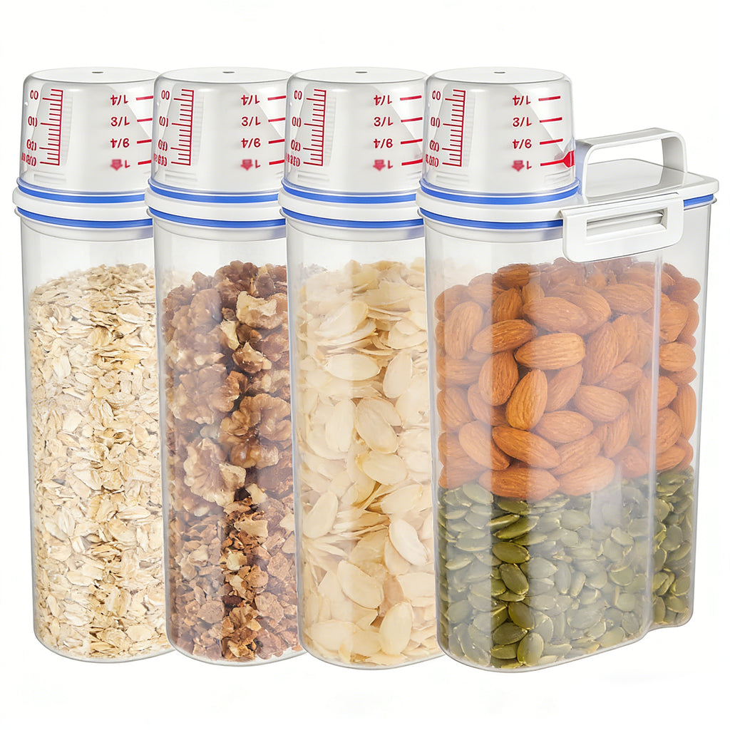 Airtight Cereal Containers Set of 4, 2.5L Plastic Food Storage Containers with Dispenser & Measuring Cup, Leakproof Canisters for Rice Flour Grain Oatmeal, Dry Pantry & Pet Cat Dog Food