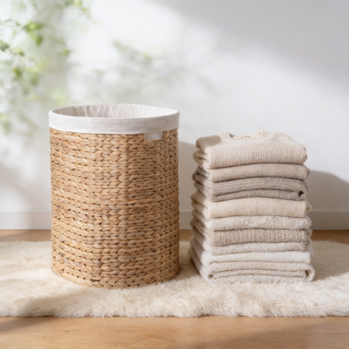 AEELLEEA 17.7 x 15 x 21.7 Inch Woven Water Hyacinth Laundry Basket, Oval Storage Hamper with Removable Liner & Built-in Handles for Bedroom, Nursery