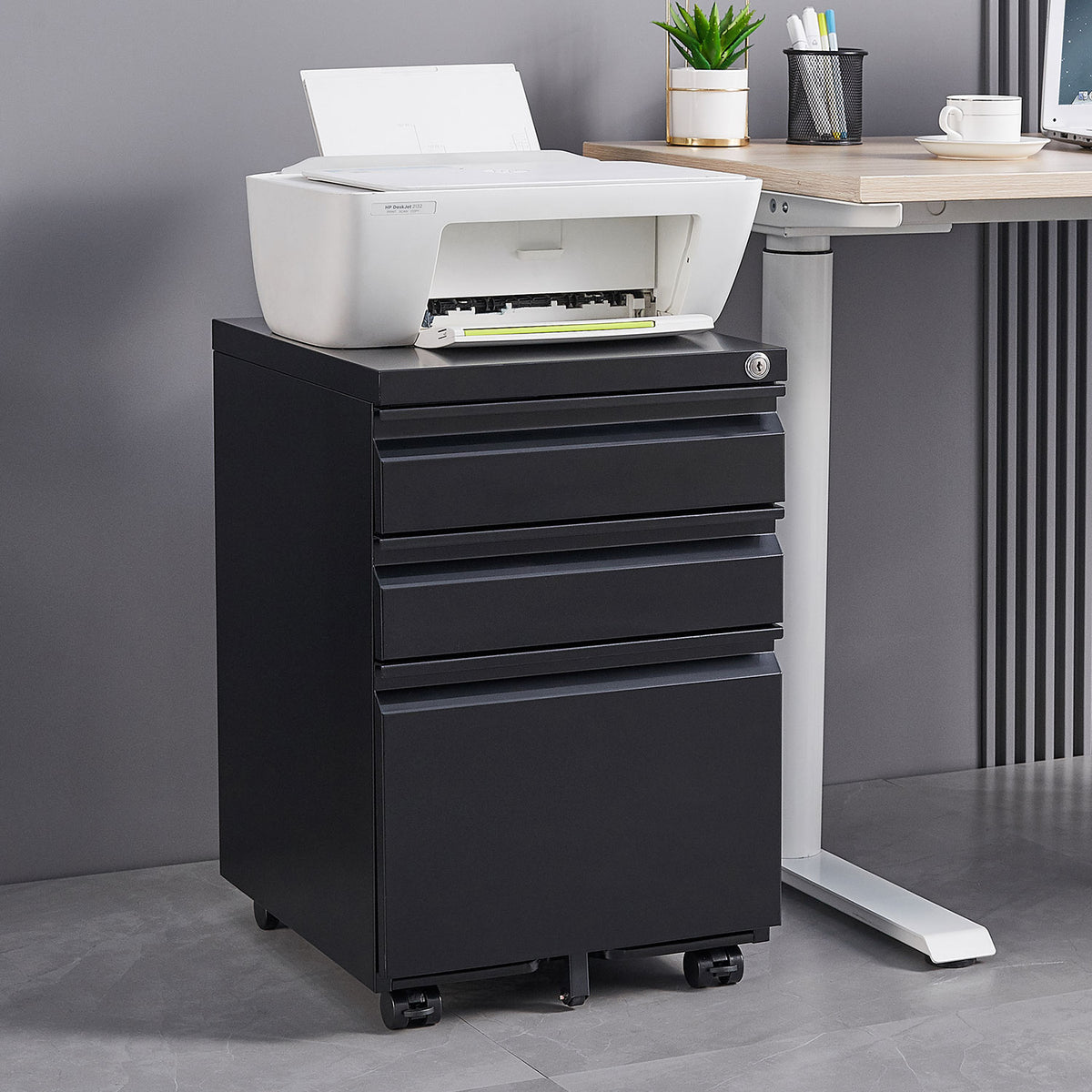AEELLEEA 3 Drawer Mobile Metal File Cabinet with Lock, Under Desk Rolling Filing Cabinet for Letter/Legal/A4 Files, Black