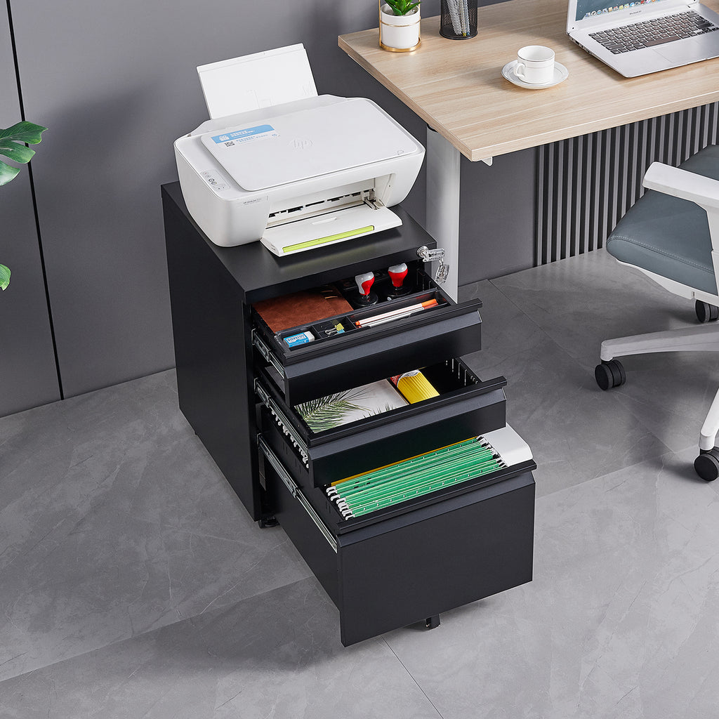 AEELLEEA 3 Drawer Mobile Metal File Cabinet with Lock, Under Desk Rolling Filing Cabinet for Letter/Legal/A4 Files, Black