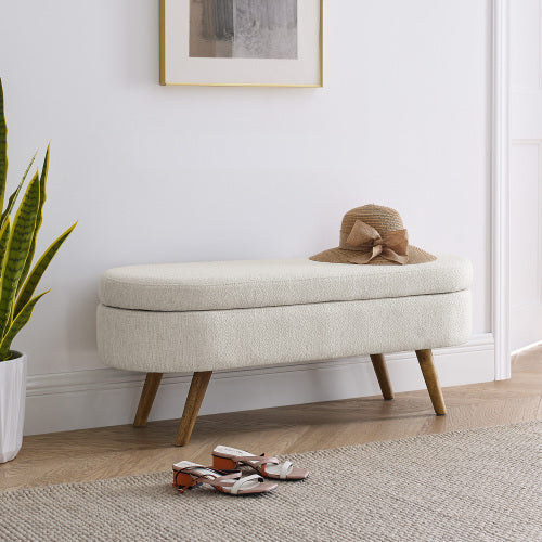 AEELLEEA 43.5 Inch Oval Storage Bench, Upholstered Entryway Ottoman with Solid Wood Legs for Bedroom Living Room