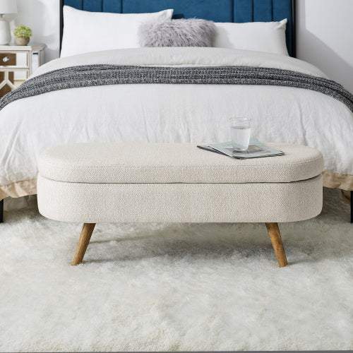 AEELLEEA 43.5 Inch Oval Storage Bench, Upholstered Entryway Ottoman with Solid Wood Legs for Bedroom Living Room