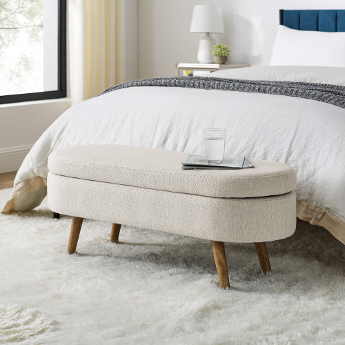 AEELLEEA 43.5 Inch Oval Storage Bench, Upholstered Entryway Ottoman with Solid Wood Legs for Bedroom Living Room