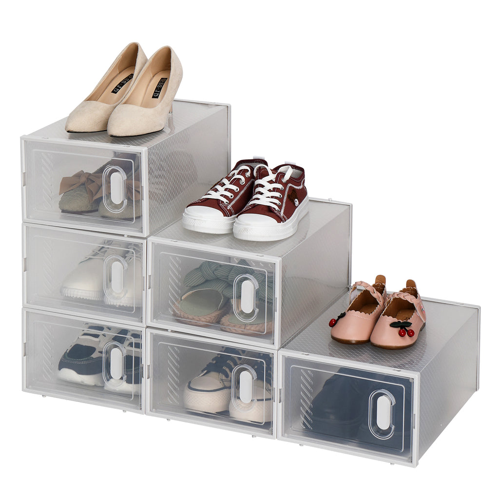 6 Pack Clear Stackable Shoe Storage Boxes, Foldable Plastic Shoe Organizer with Transparent Door, White Shoe Containers for Closet