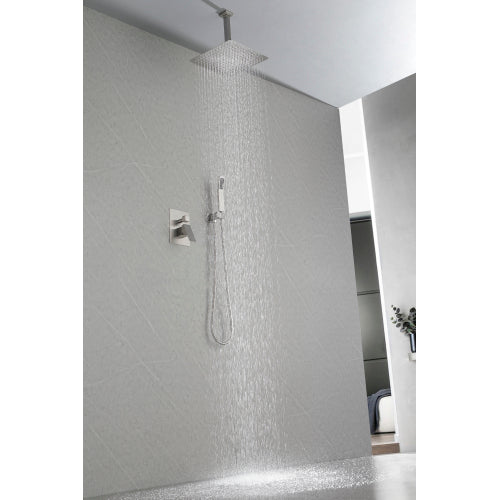 AEELLEEA Ceiling Mount Rain Shower System 12 Inch Square Shower Head, Brushed Nickel Shower Set with Handheld Spray