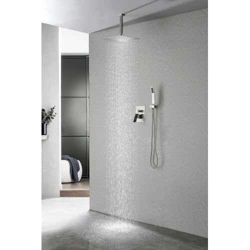 AEELLEEA Ceiling Mount Rain Shower System 12 Inch Square Shower Head, Brushed Nickel Shower Set with Handheld Spray