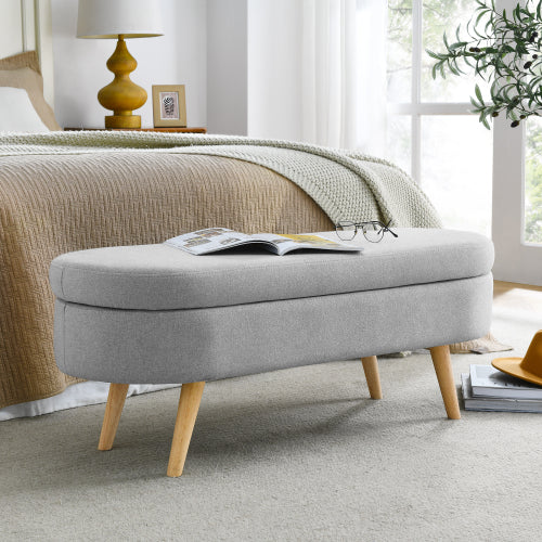 AEELLEEA 43.5 Inch Oval Storage Ottoman Bench, Linen Upholstered Bench with Wood Legs for Bedroom Entryway