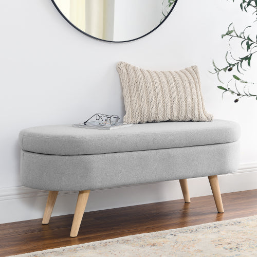 AEELLEEA 43.5 Inch Oval Storage Ottoman Bench, Linen Upholstered Bench with Wood Legs for Bedroom Entryway