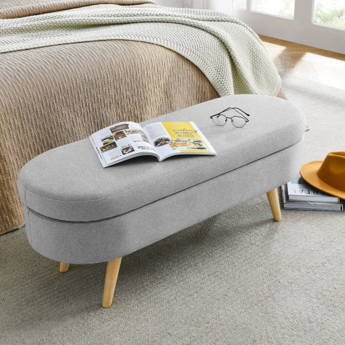 AEELLEEA 43.5 Inch Oval Storage Ottoman Bench, Linen Upholstered Bench with Wood Legs for Bedroom Entryway