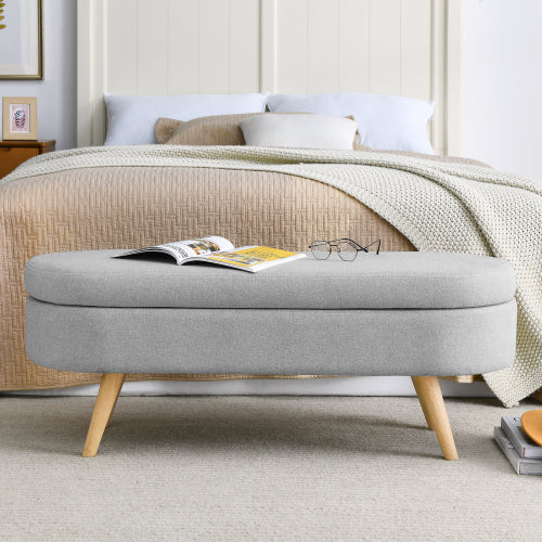 AEELLEEA 43.5 Inch Oval Storage Ottoman Bench, Linen Upholstered Bench with Wood Legs for Bedroom Entryway