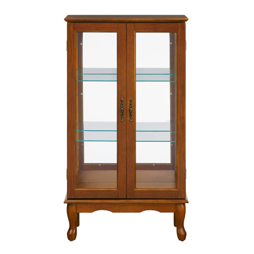 AEELLEEA Lighted Curio Display Cabinet with Adjustable Glass Shelves, Acrylic Mirror Back & Tempered Glass Doors, Oak Finish