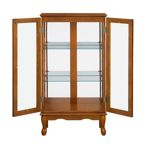 AEELLEEA Lighted Curio Display Cabinet with Adjustable Glass Shelves, Acrylic Mirror Back & Tempered Glass Doors, Oak Finish