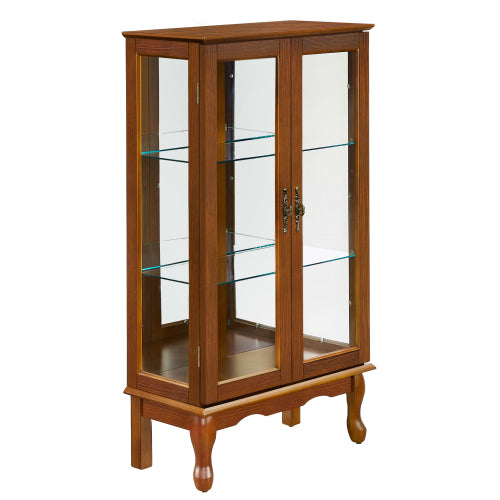 AEELLEEA Lighted Curio Display Cabinet with Adjustable Glass Shelves, Acrylic Mirror Back & Tempered Glass Doors, Oak Finish