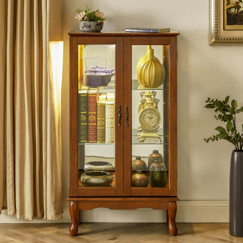 AEELLEEA Lighted Curio Display Cabinet with Adjustable Glass Shelves, Acrylic Mirror Back & Tempered Glass Doors, Oak Finish