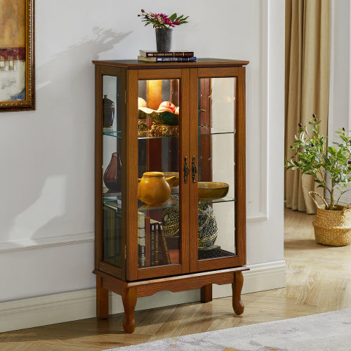 AEELLEEA Lighted Curio Display Cabinet with Adjustable Glass Shelves, Acrylic Mirror Back & Tempered Glass Doors, Oak Finish