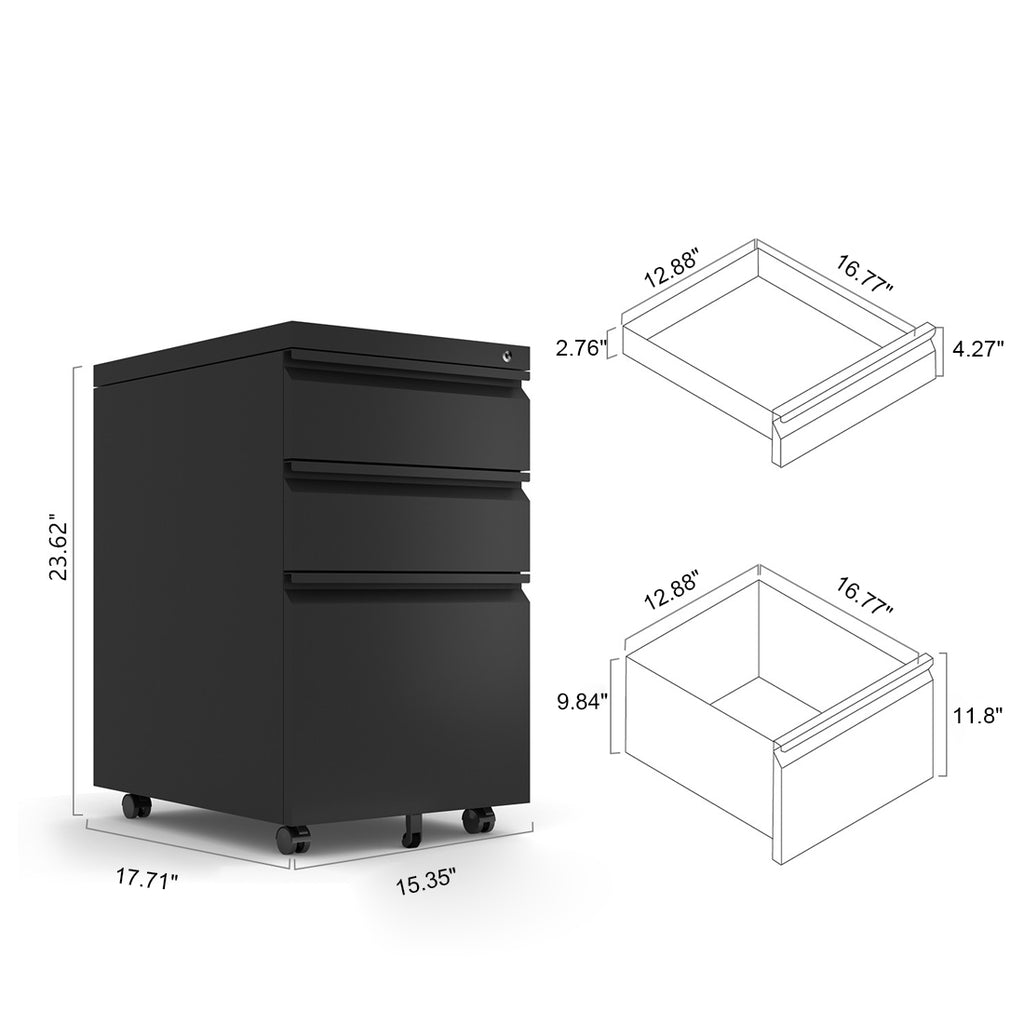 AEELLEEA 3 Drawer Mobile Metal File Cabinet with Lock, Under Desk Rolling Filing Cabinet for Letter/Legal/A4 Files, Black
