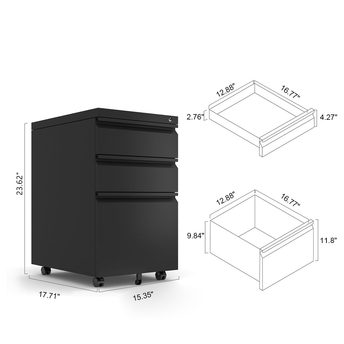 AEELLEEA 3 Drawer Mobile Metal File Cabinet with Lock, Under Desk Rolling Filing Cabinet for Letter/Legal/A4 Files, Black