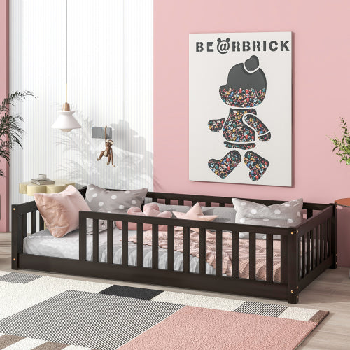 AEELLEEA Twin Size Montessori Floor Bed with Guardrails, Wooden Kids Bed Frame with Slats and Low Entry, Dark Brown