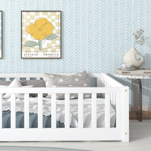 AEELLEEA Twin Size Montessori Floor Bed with Guardrails, Wooden Kids Bed Frame with Slats and Low Entry, White