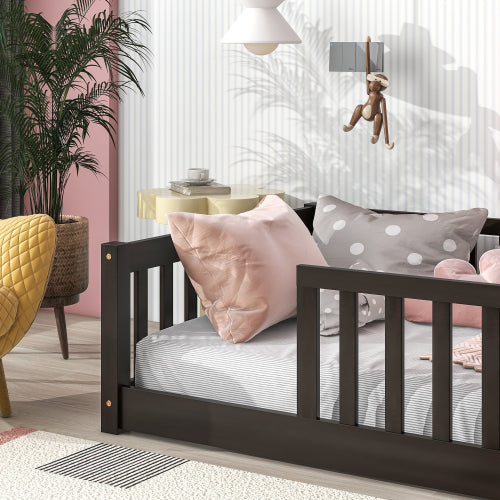 AEELLEEA Twin Size Montessori Floor Bed with Guardrails, Wooden Kids Bed Frame with Slats and Low Entry, Dark Brown