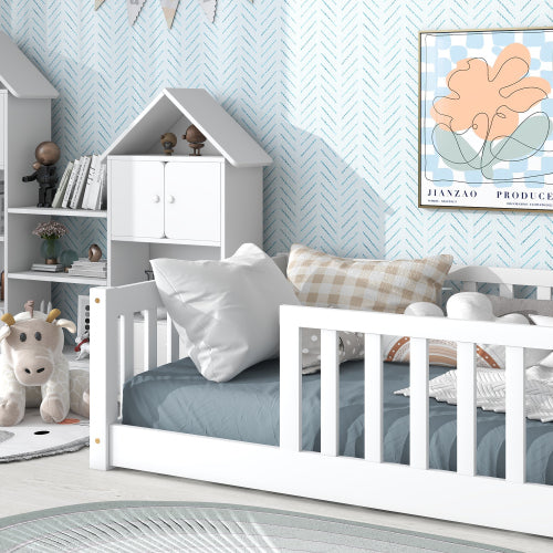 AEELLEEA Twin Size Montessori Floor Bed with Guardrails, Wooden Kids Bed Frame with Slats and Low Entry, White