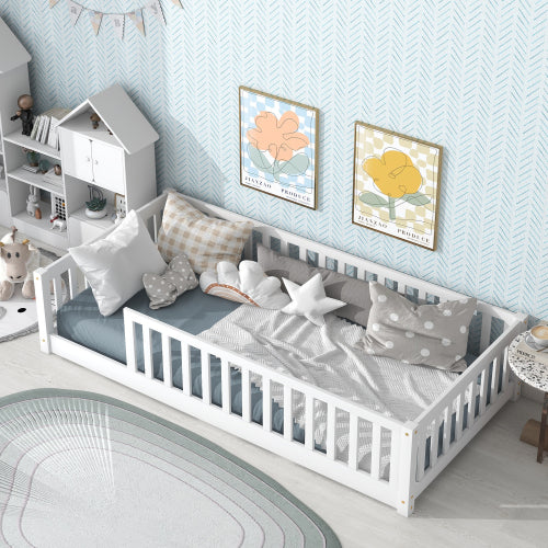 AEELLEEA Twin Size Montessori Floor Bed with Guardrails, Wooden Kids Bed Frame with Slats and Low Entry, White