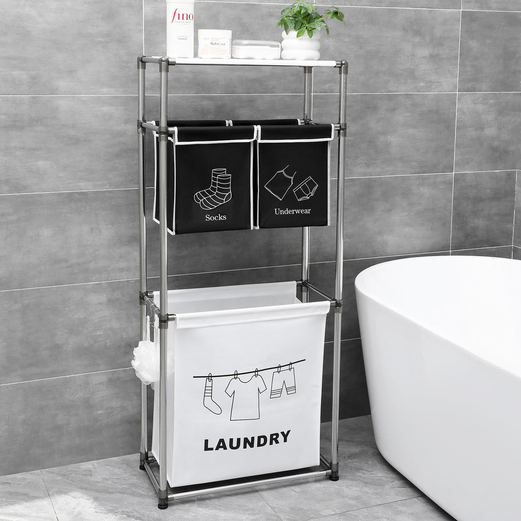 3 Tier Laundry Sorter with 4 Removable Bags & Wheels, Heavy-Duty Rolling Laundry Hamper with Hooks