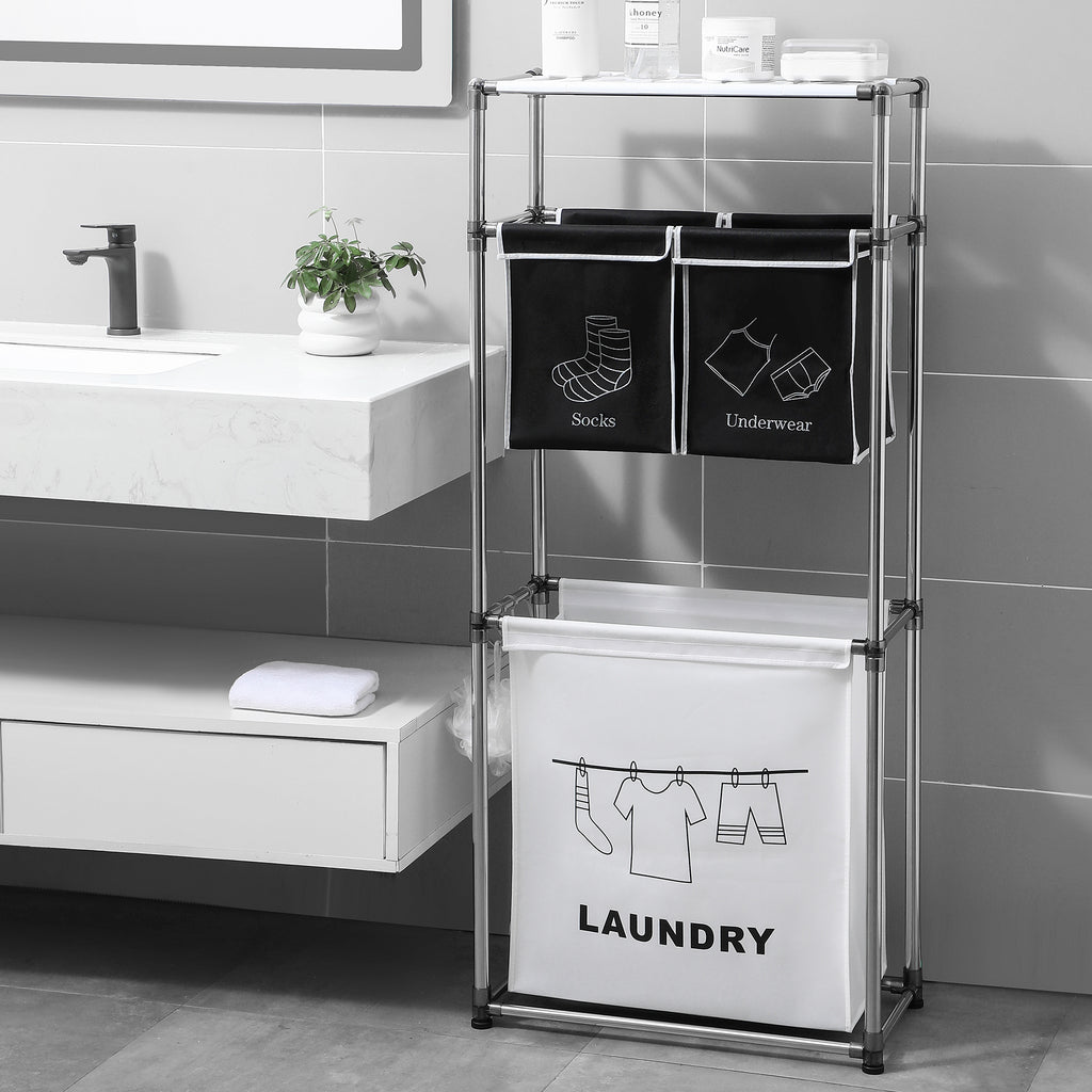 3 Tier Laundry Sorter with 4 Removable Bags & Wheels, Heavy-Duty Rolling Laundry Hamper with Hooks