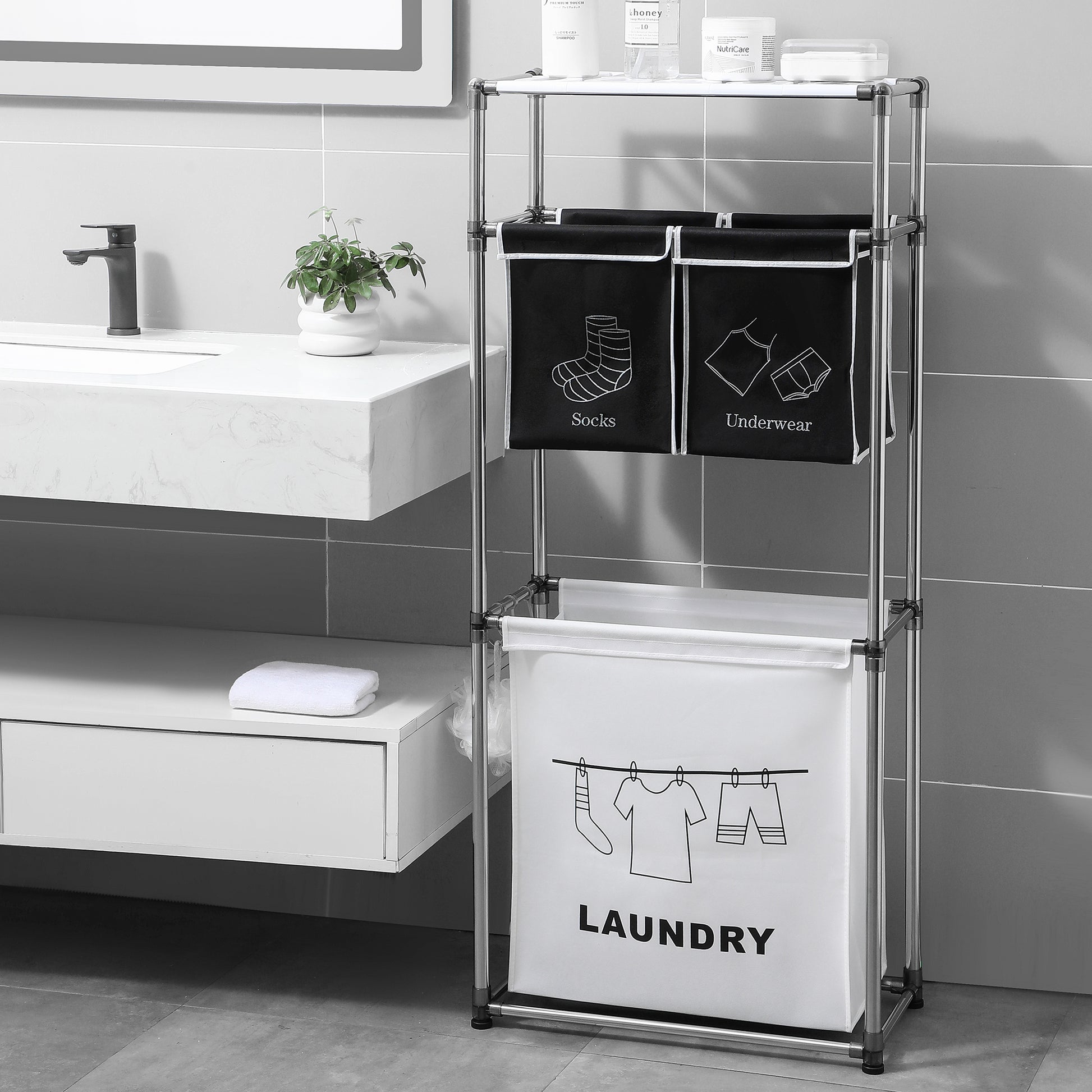 3 Tier Laundry Sorter with 4 Removable Bags & Wheels, Heavy-Duty Rolling Laundry Hamper with Hooks