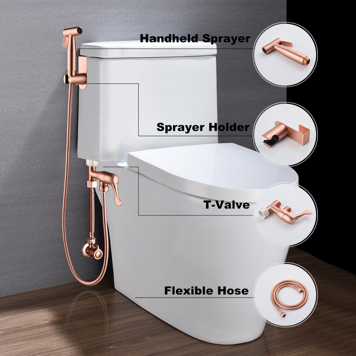 AEELLEEA  Rose Gold Handheld Toilet Bidet Sprayer, 304 Stainless Steel Bidet Kit with T-Valve & Hose, 2 Mount Ways