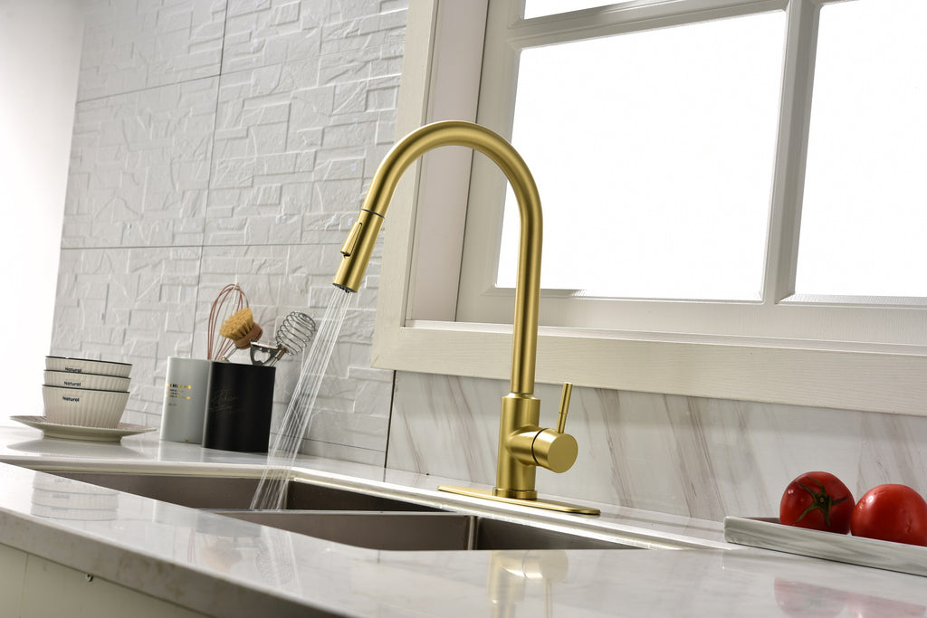 AEELLEEA Brushed Gold Touch Sensor Pull Down Kitchen Faucet, 2 Spray Modes Stainless Sink Faucet with Deck Plate
