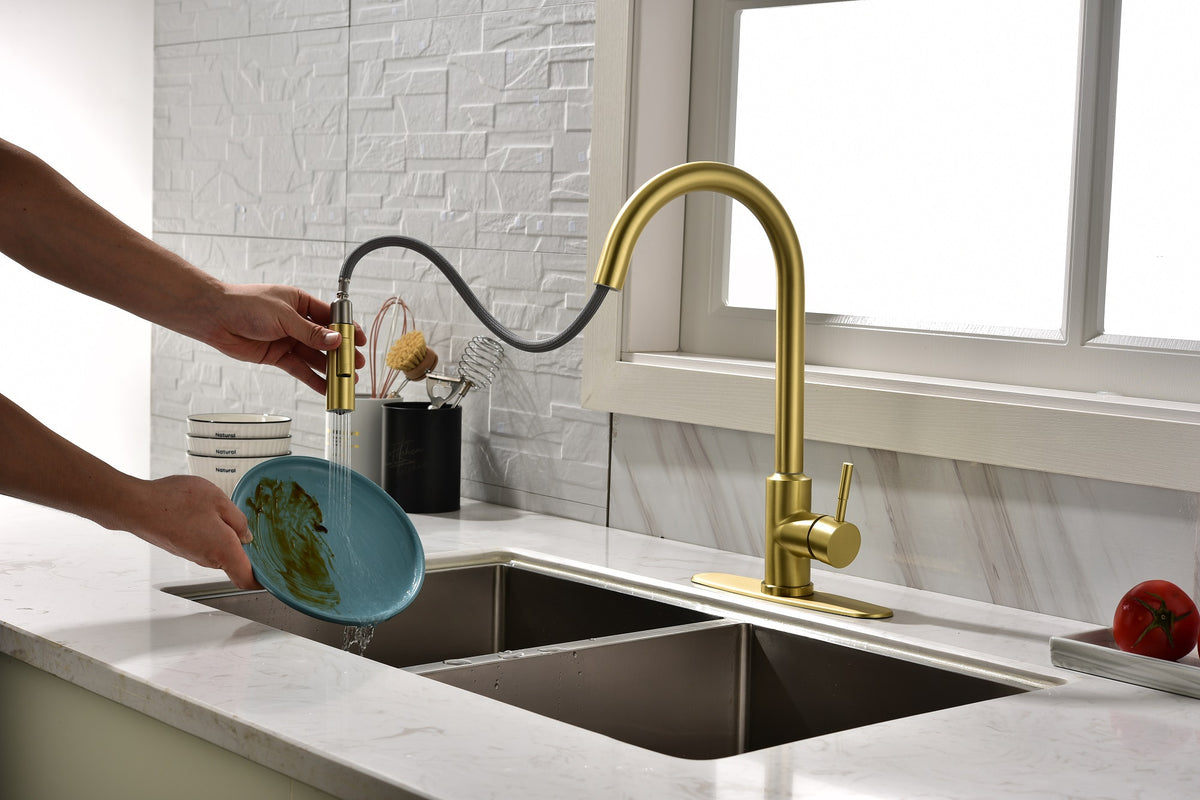 AEELLEEA Brushed Gold Touch Sensor Pull Down Kitchen Faucet, 2 Spray Modes Stainless Sink Faucet with Deck Plate